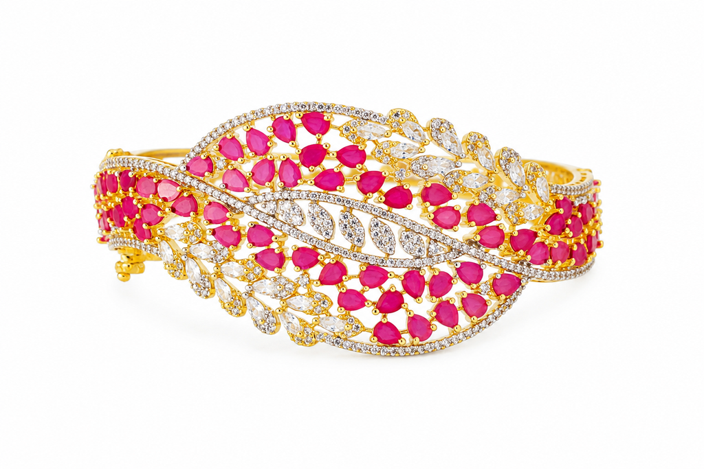 Gold-Plated Luxury American Diamond Leaf Design  Bracelet