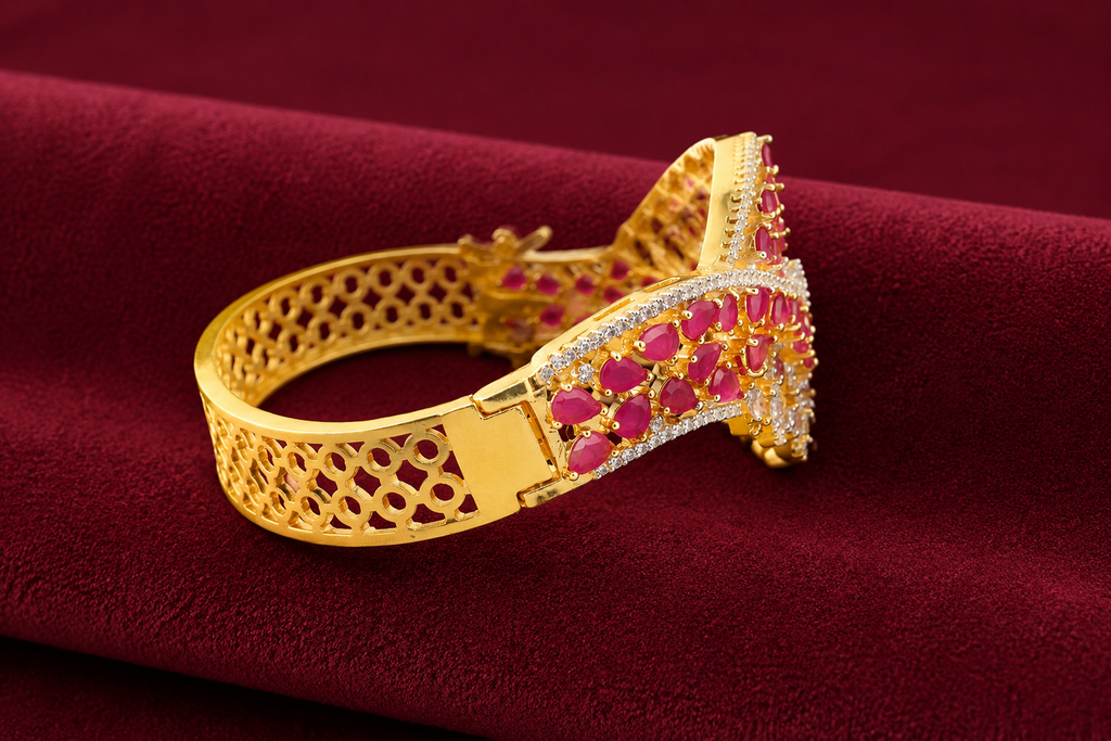 Gold-Plated Luxury American Diamond Leaf Design  Bracelet