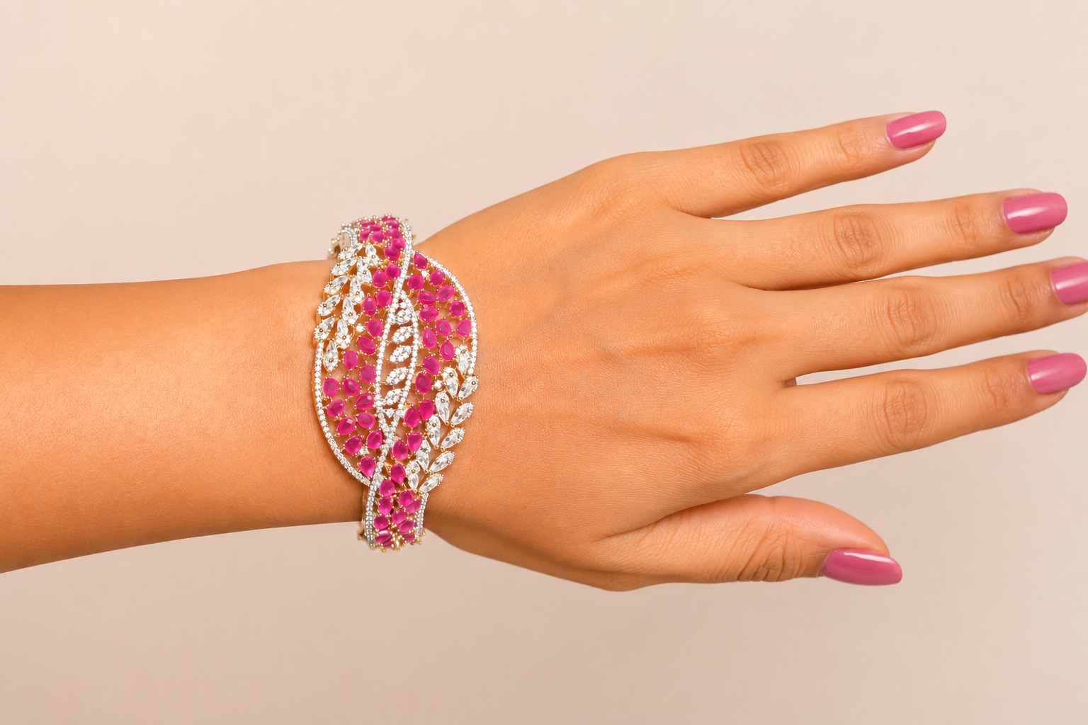 Gold-Plated Luxury American Diamond Leaf Design  Bracelet