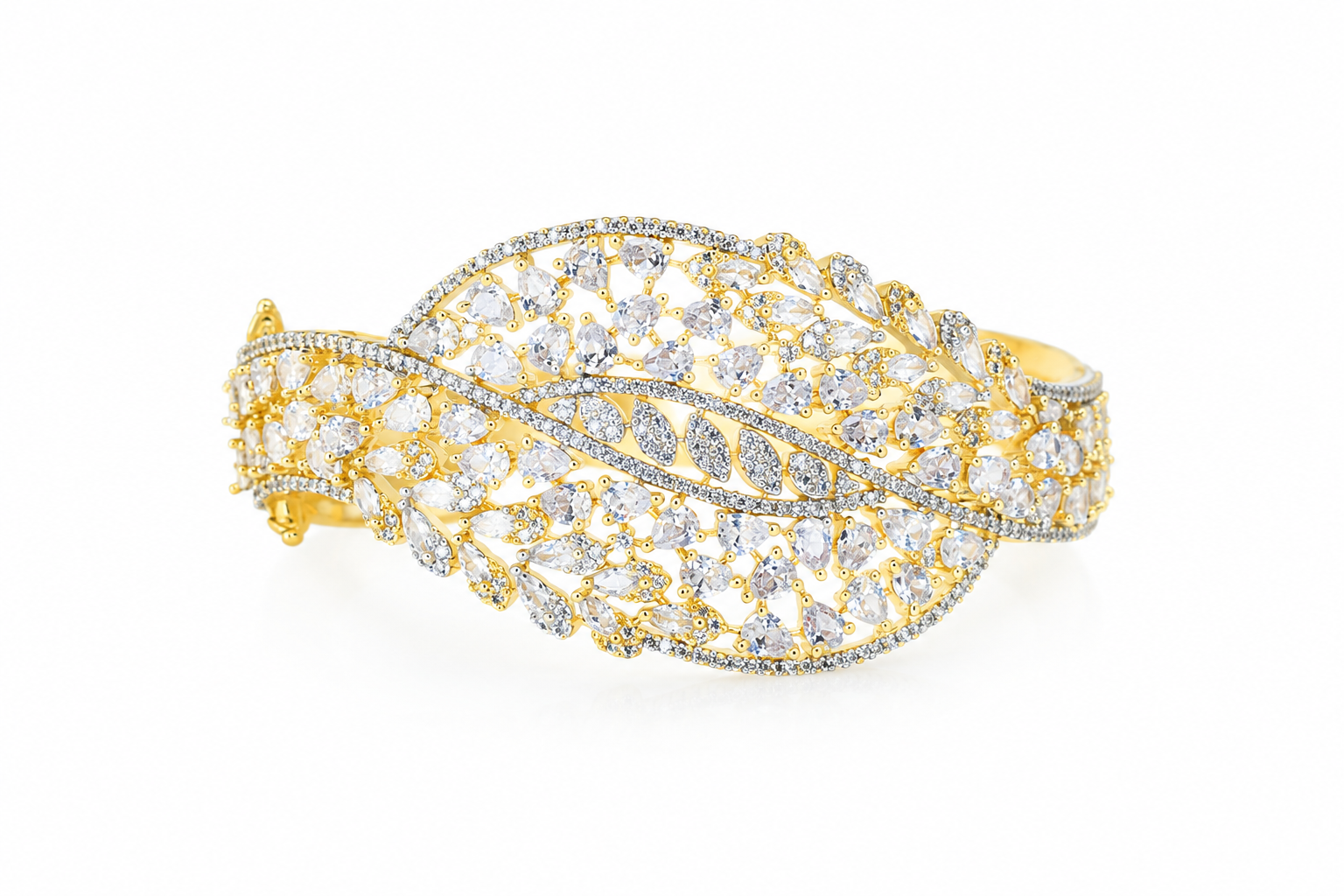 Gold-Plated Luxury American Diamond Leaf Design  Bracelet