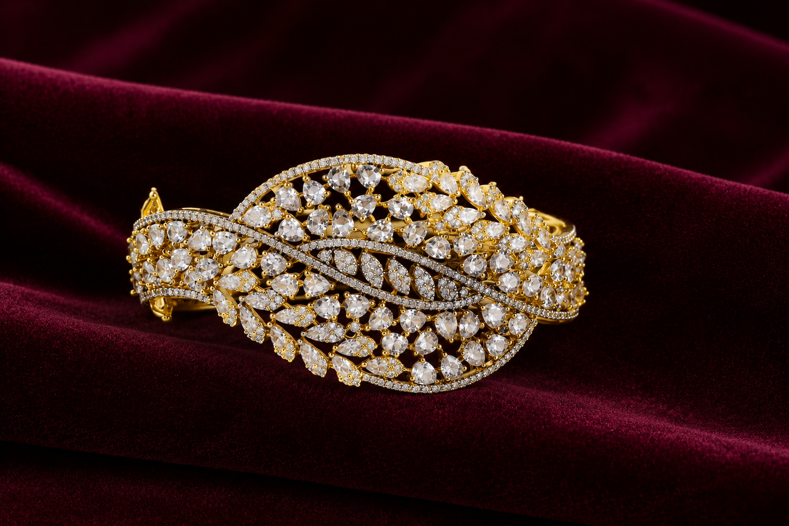 Gold-Plated Luxury American Diamond Leaf Design  Bracelet