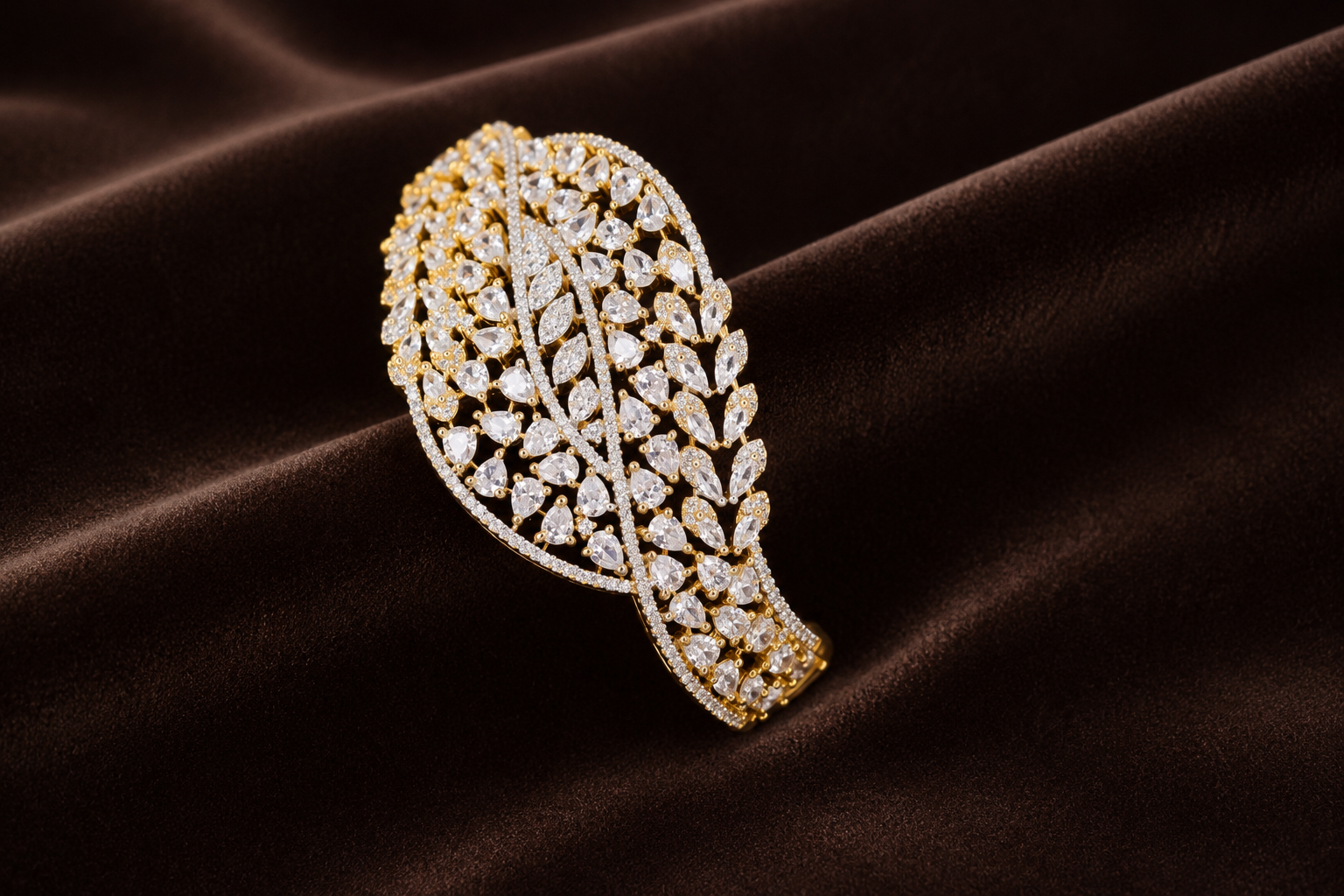 Gold-Plated Luxury American Diamond Leaf Design  Bracelet