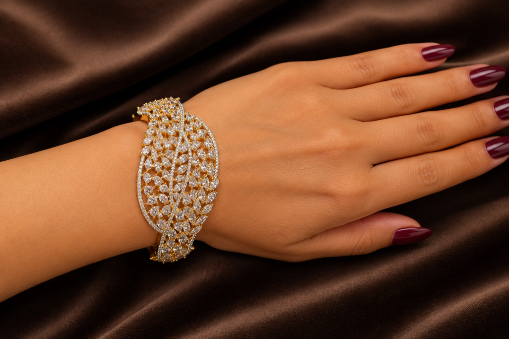 Gold-Plated Luxury American Diamond Leaf Design  Bracelet