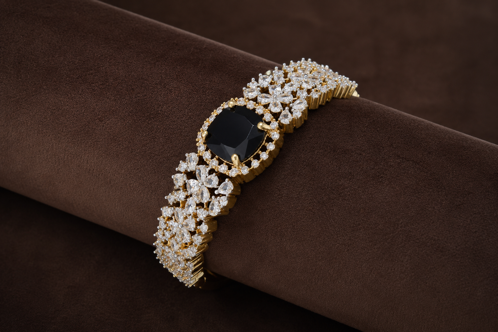 Midnight Black American Diamond Floral Bracelet