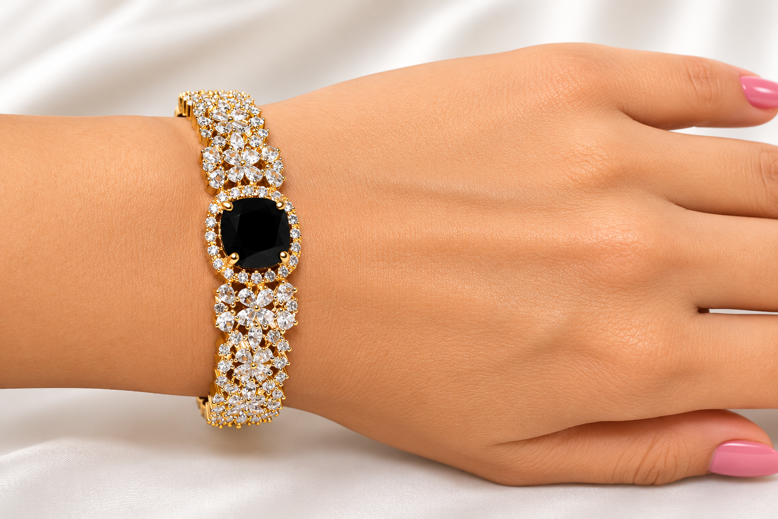 Midnight Black American Diamond Floral Bracelet