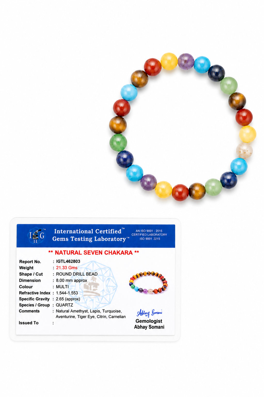 Certified Natural Seven Chakra Gemstone Beads Bracelet