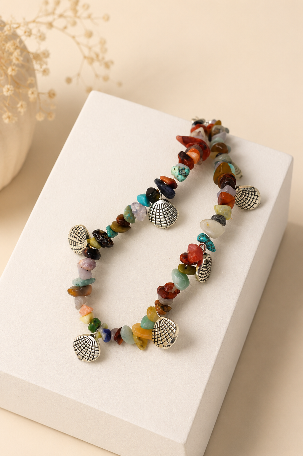 Natural Multi-Gemstone Shell Charm Necklace