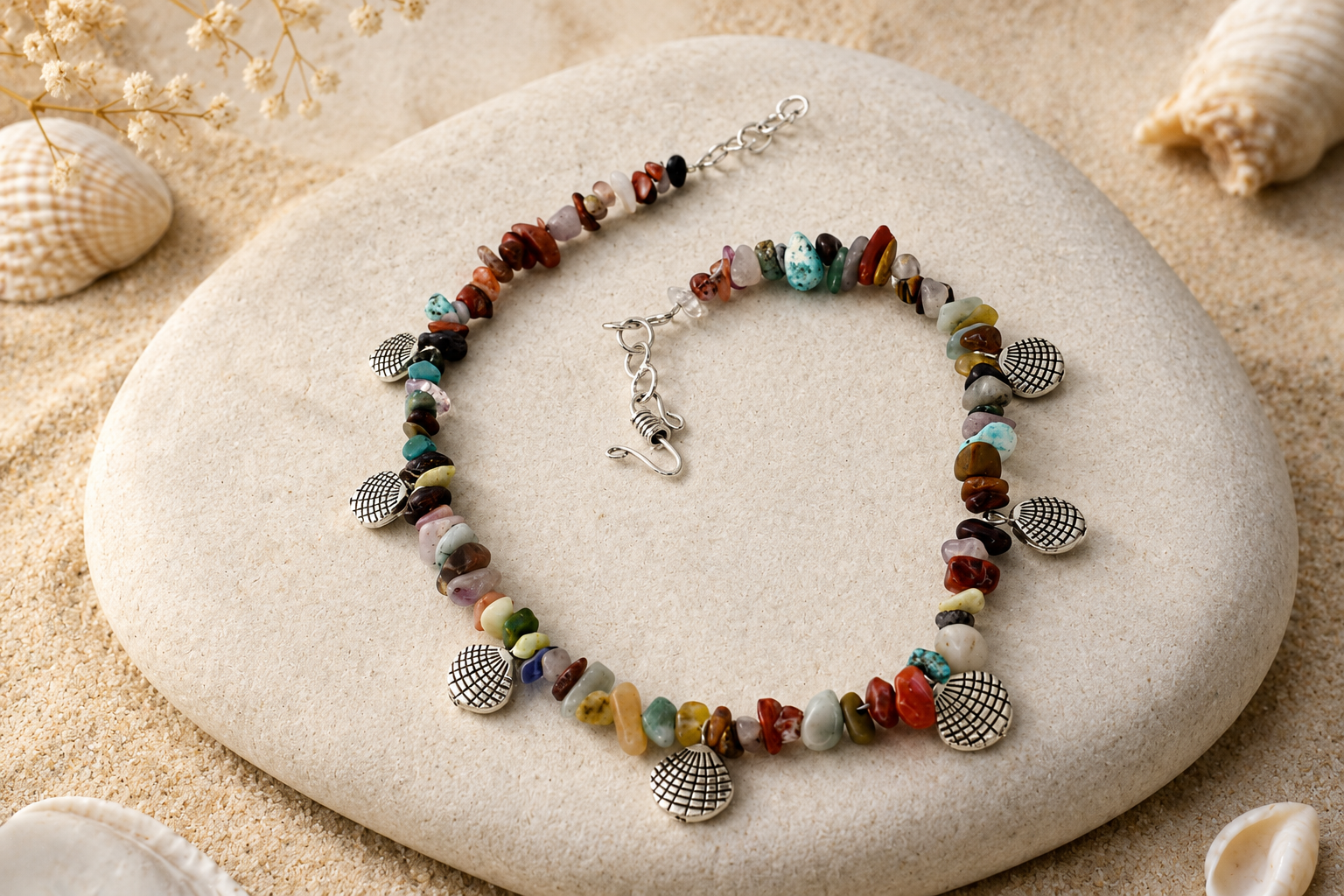 Natural Multi-Gemstone Shell Charm Necklace