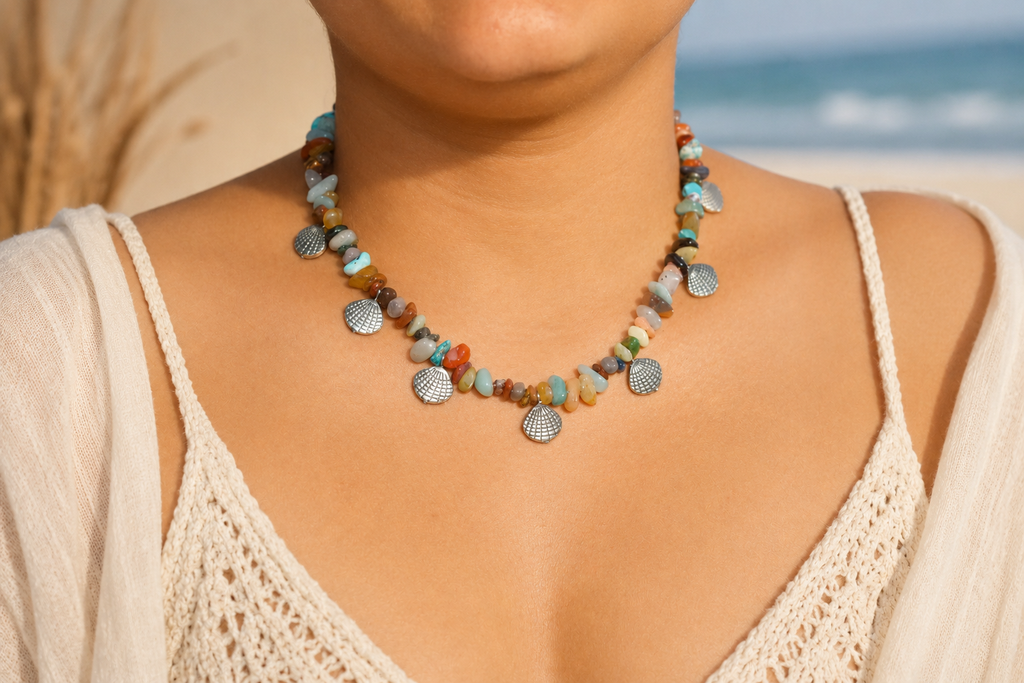 Natural Multi-Gemstone Shell Charm Necklace