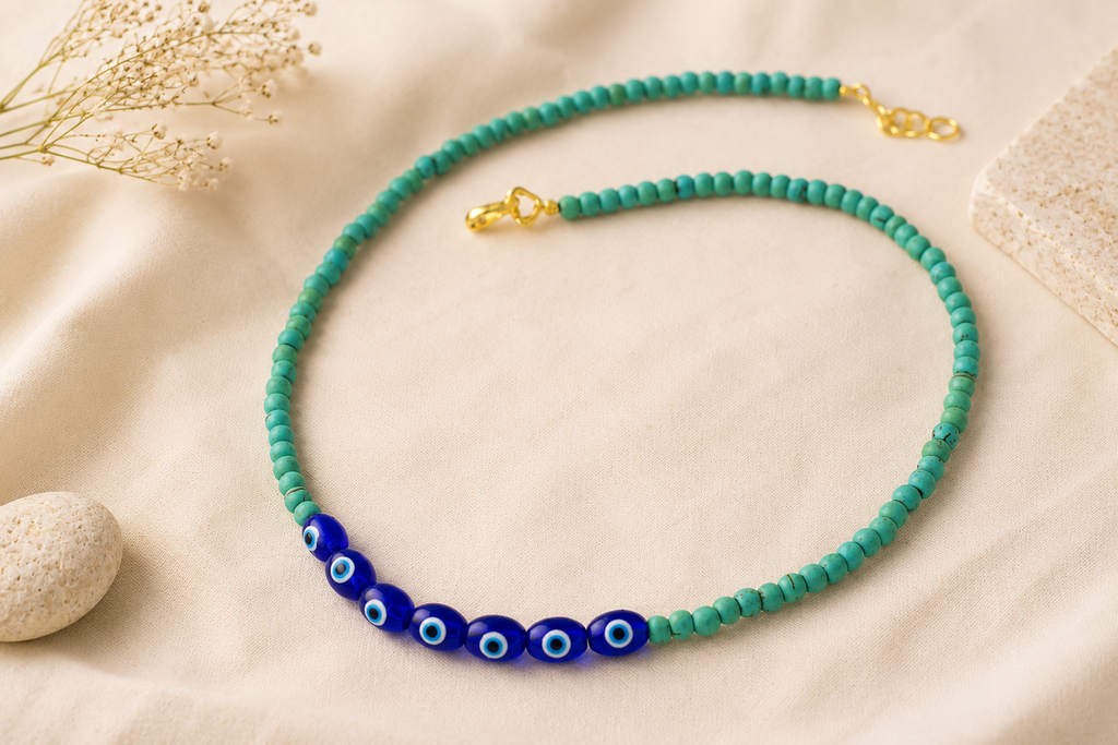 Evil Eye & Turquoise Beaded Necklace Description