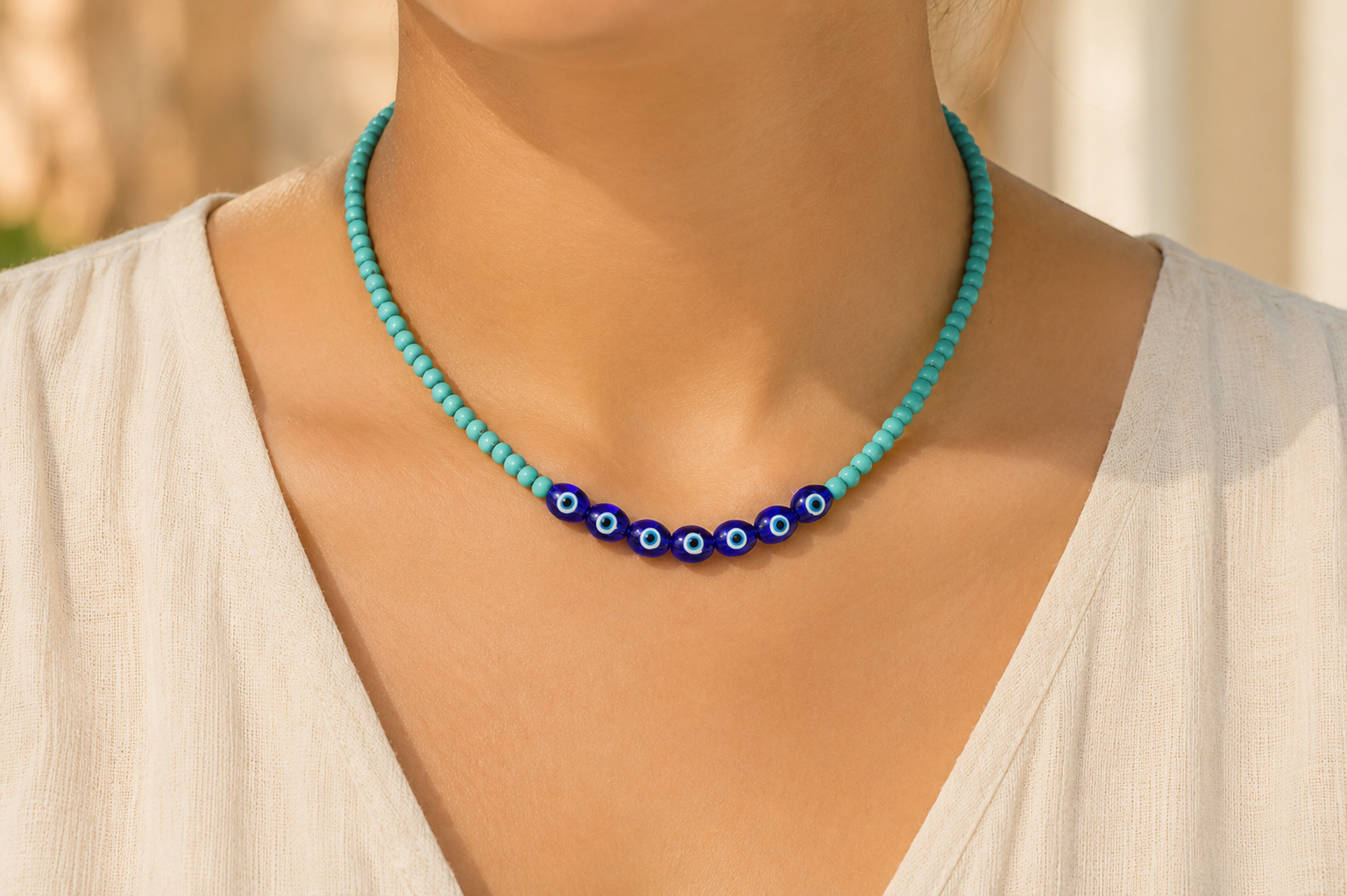 Evil Eye & Turquoise Beaded Necklace Description