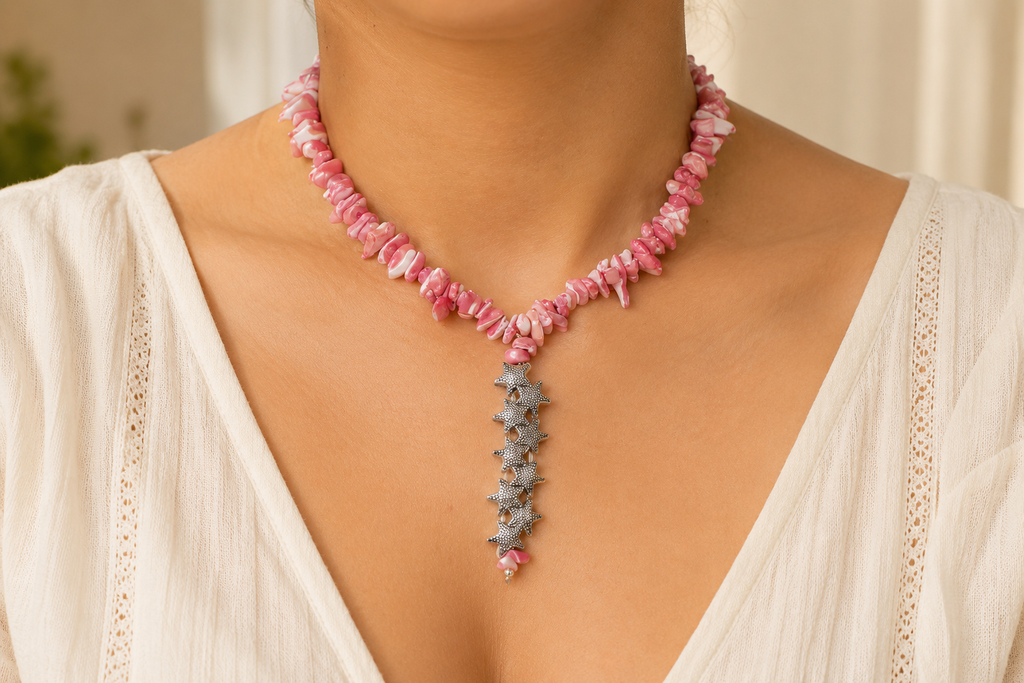 Natural Pink Shell Stone Necklace with Star Charm