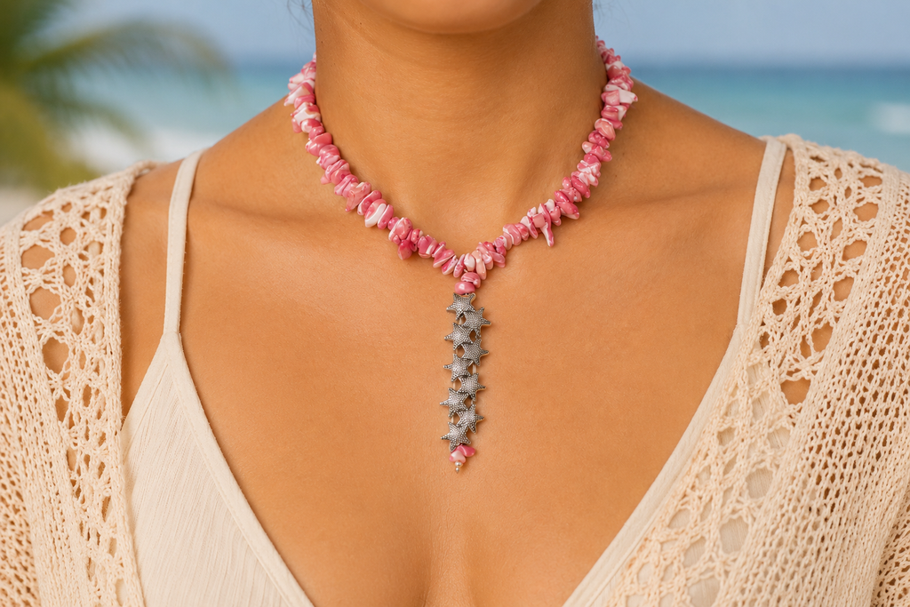 Natural Pink Shell Stone Necklace with Star Charm