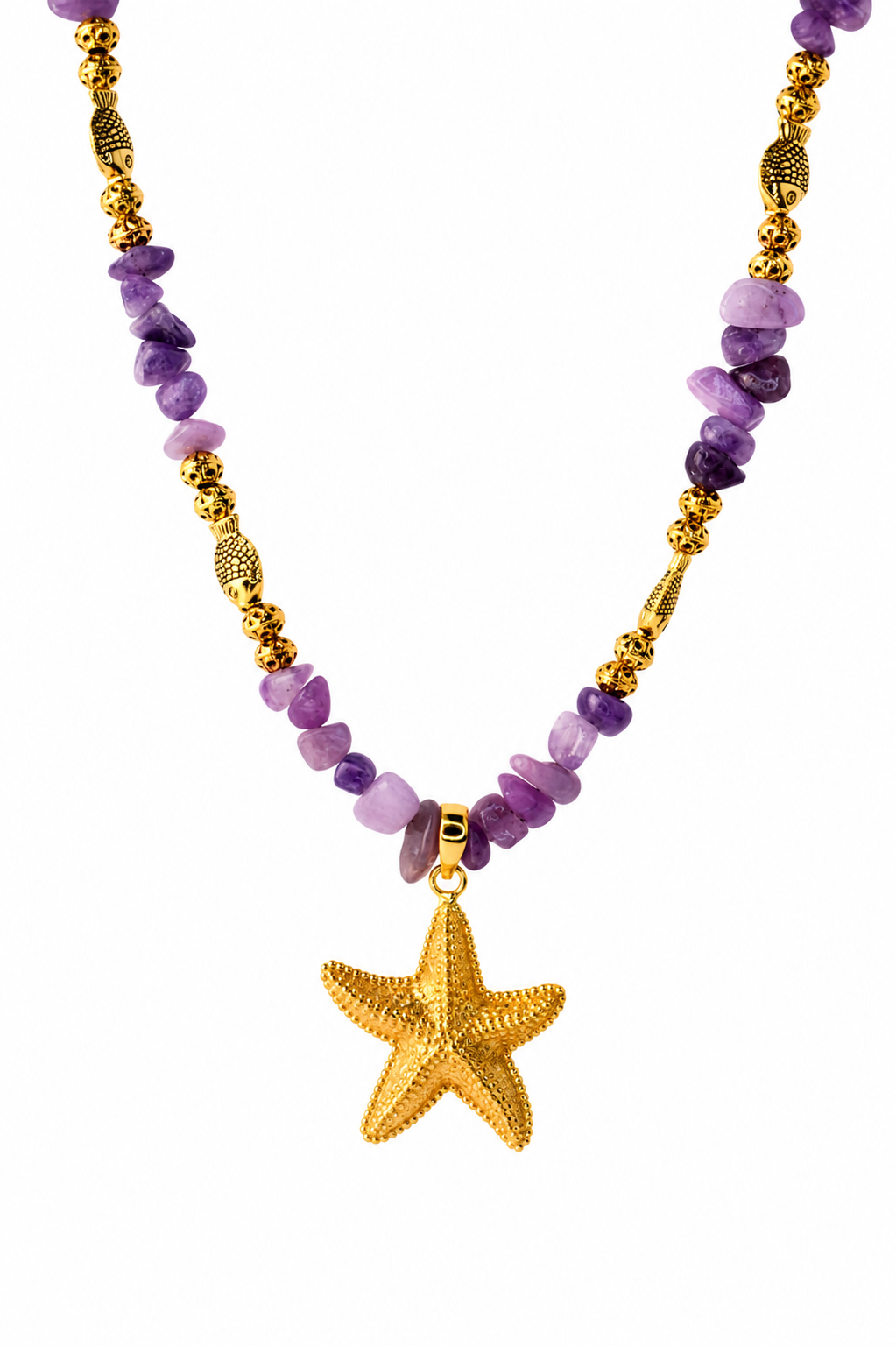 Natural Amethyst Gemstone Chip Necklace with Gold Starfish Pendant