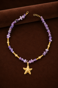 Natural Amethyst Gemstone Chip Necklace with Gold Starfish Pendant
