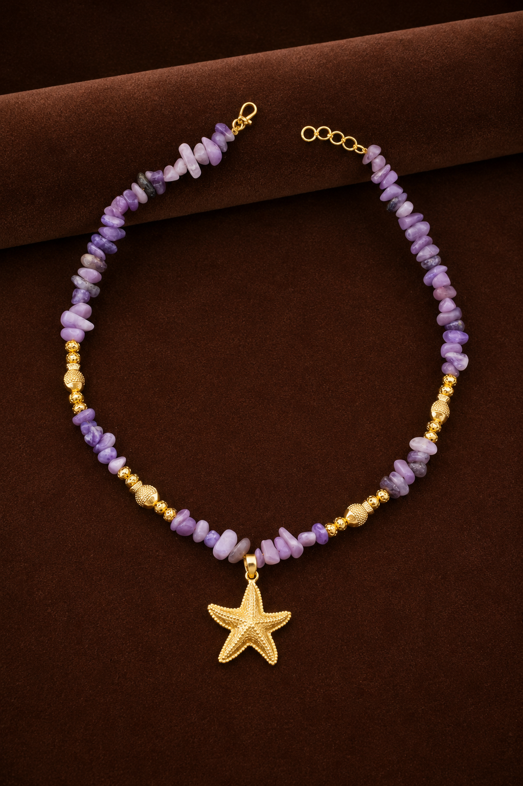 Natural Amethyst Gemstone Chip Necklace with Gold Starfish Pendant