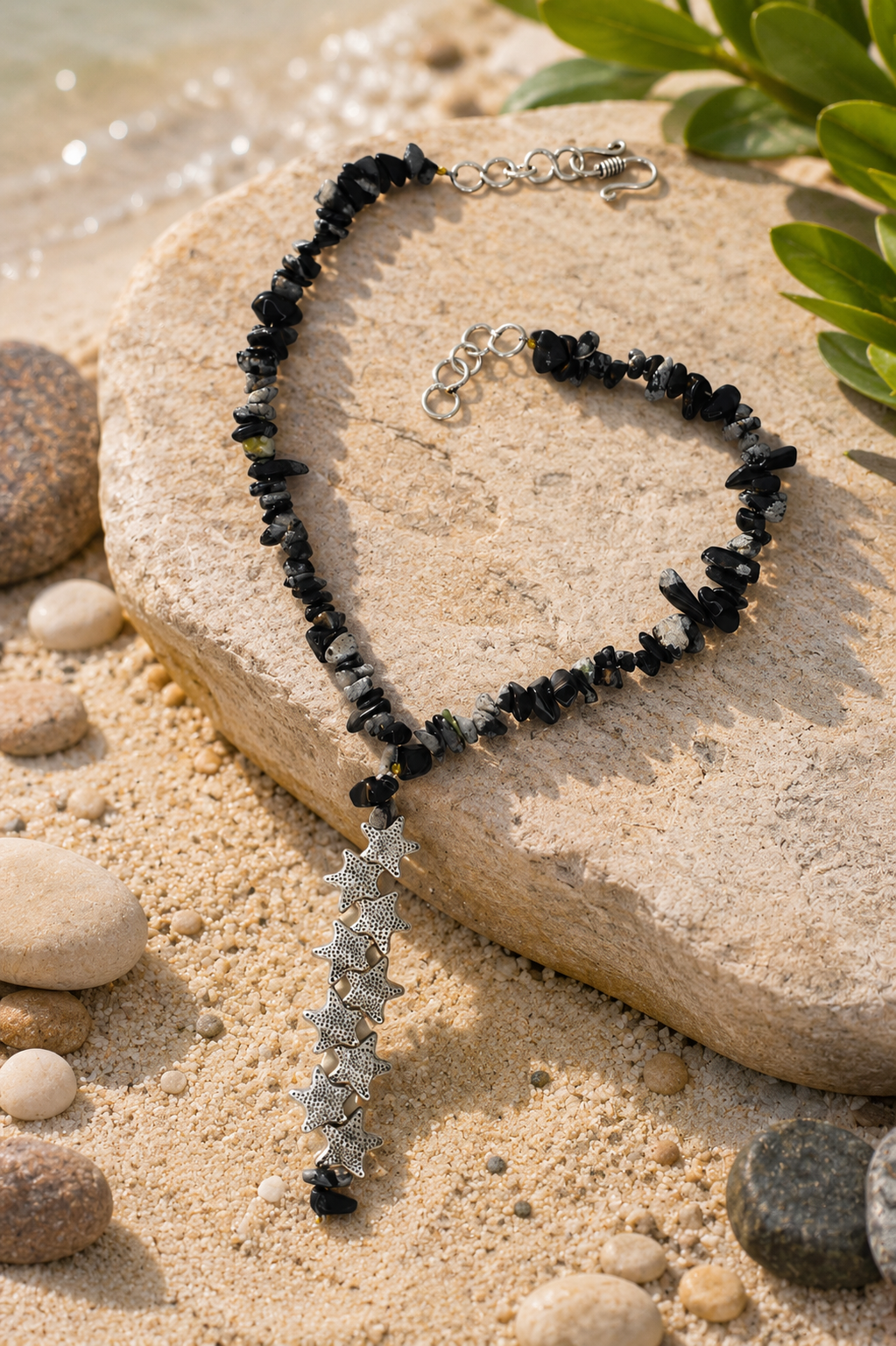 Natural Snowflake Obsidian Gemstone Chip Necklace with Silver Star Pendant