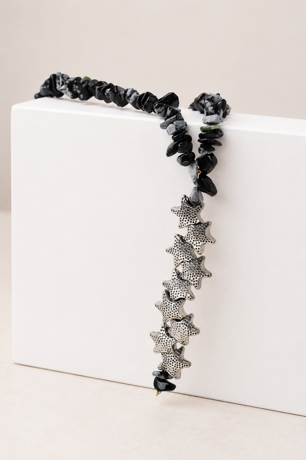 Natural Snowflake Obsidian Gemstone Chip Necklace with Silver Star Pendant