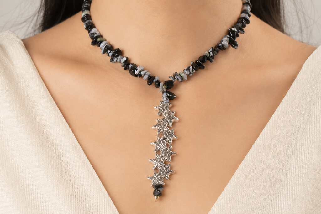 Natural Snowflake Obsidian Gemstone Chip Necklace with Silver Star Pendant