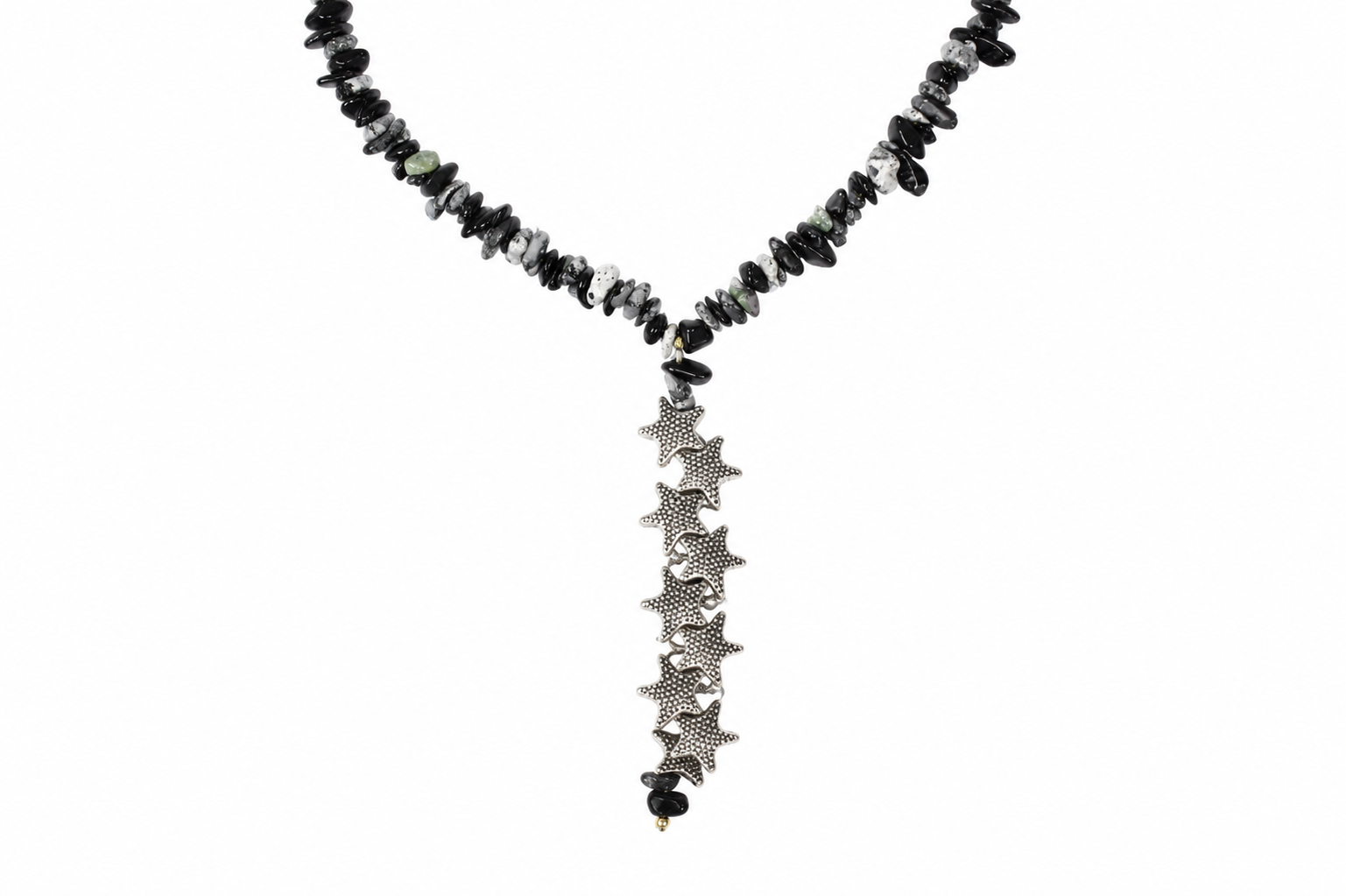 Natural Snowflake Obsidian Gemstone Chip Necklace with Silver Star Pendant