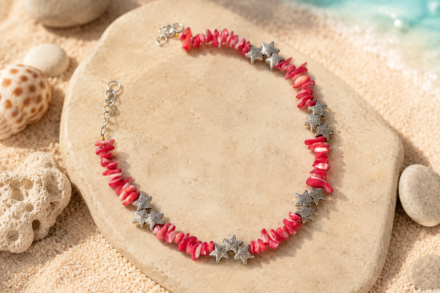 Pink Shell Chip Necklace with Silver Star Charms