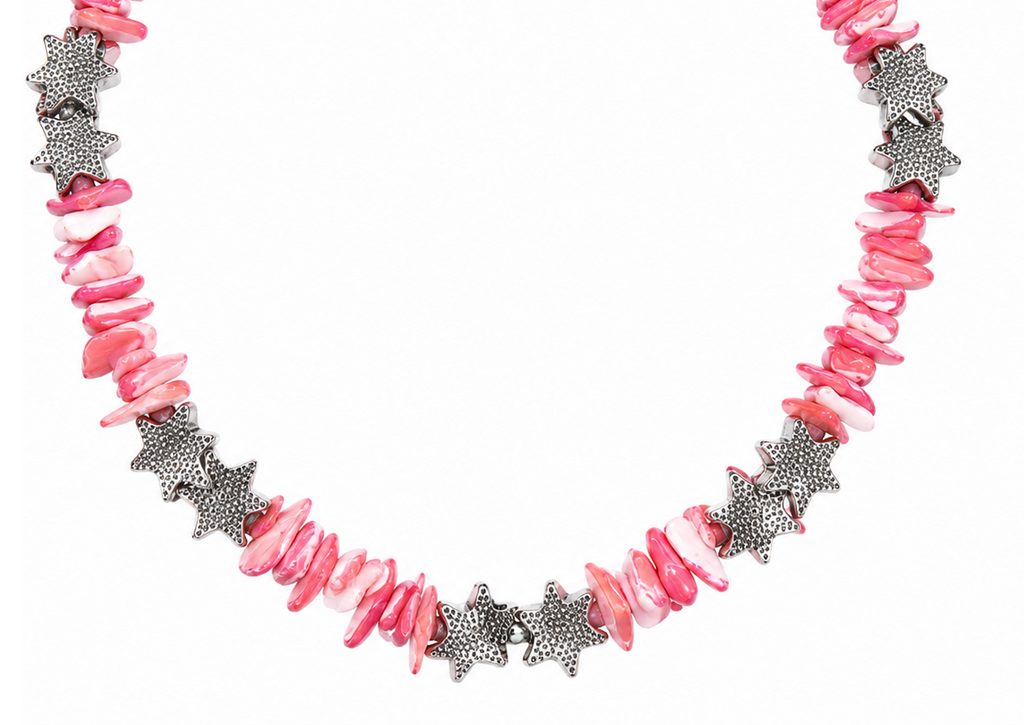 Pink Shell Chip Necklace with Silver Star Charms