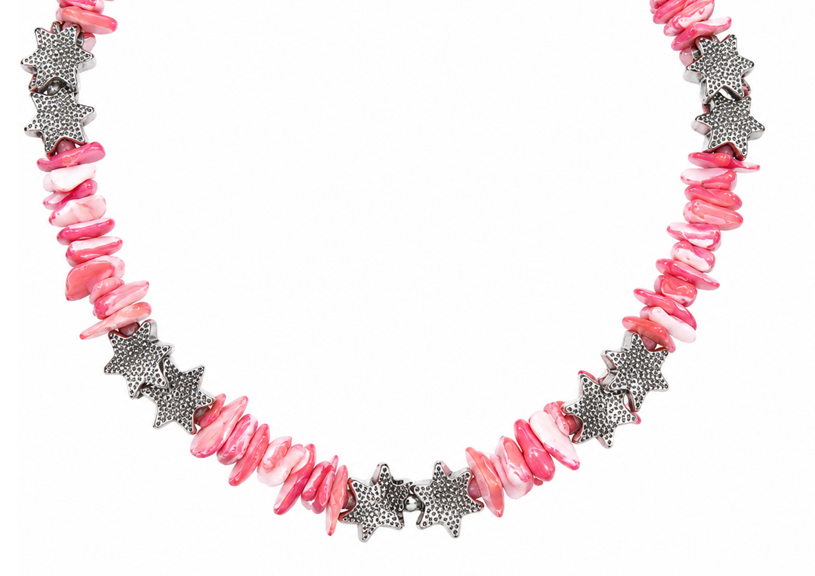 Pink Shell Chip Necklace with Silver Star Charms