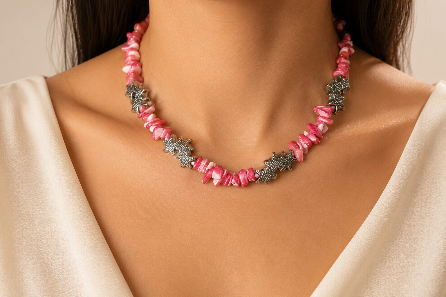 Pink Shell Chip Necklace with Silver Star Charms