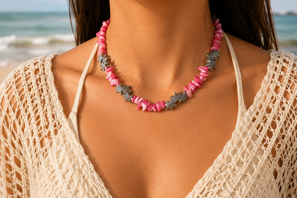 Pink Shell Chip Necklace with Silver Star Charms