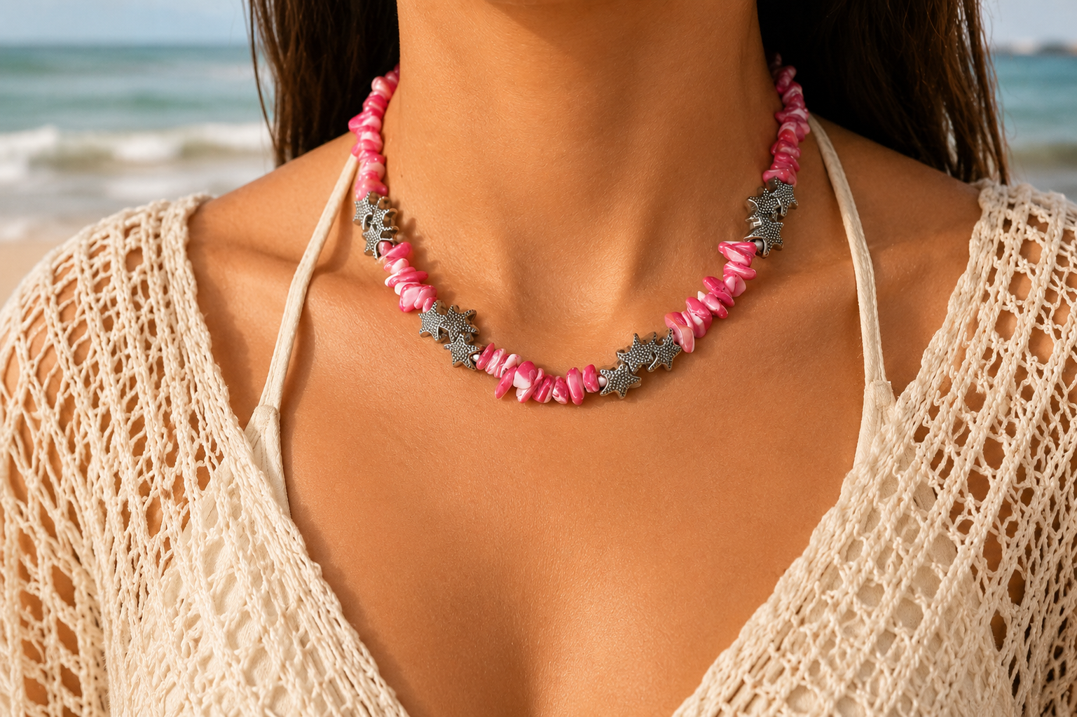 Pink Shell Chip Necklace with Silver Star Charms