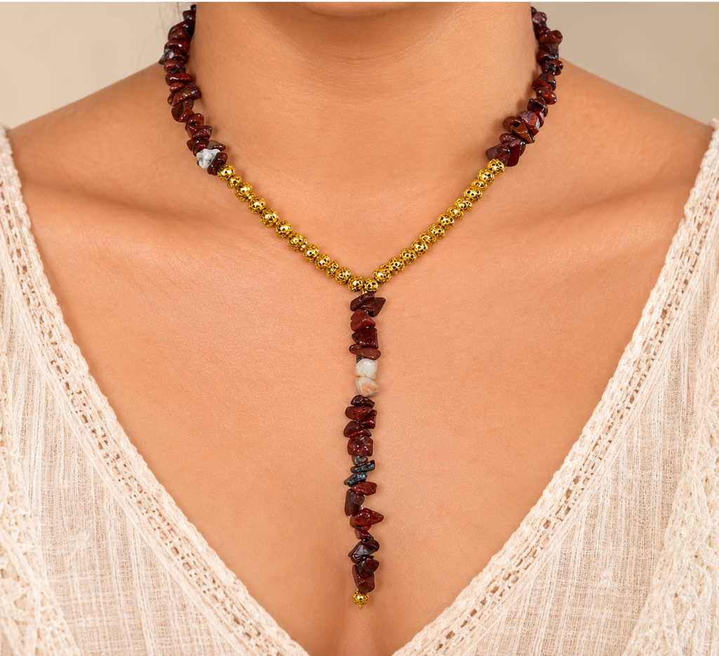 Natural Red Jasper Gemstone Necklace with Gold-Tone Beads