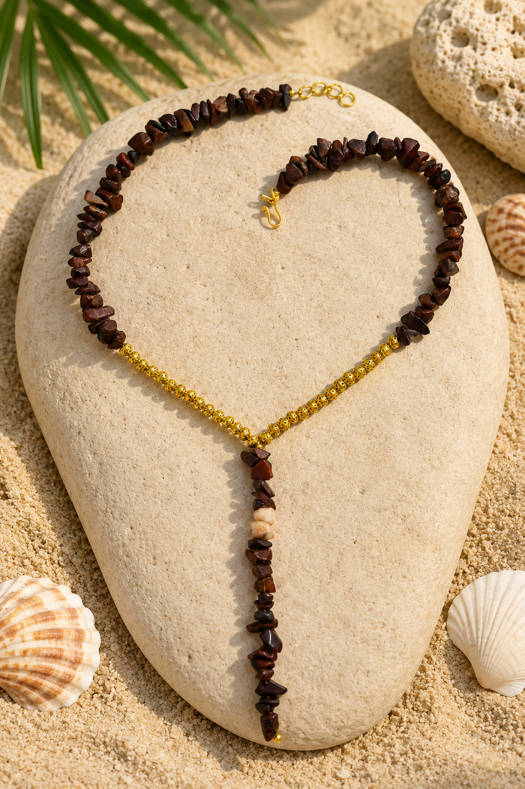 Natural Red Jasper Gemstone Necklace with Gold-Tone Beads