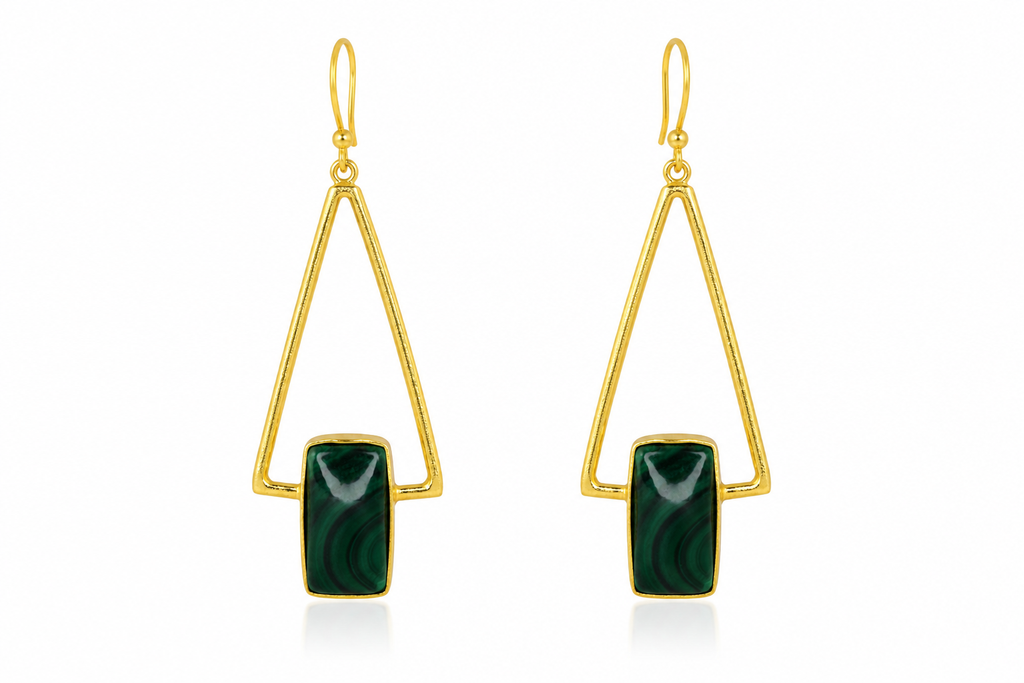 18K Gold-Plated Geometric Triangle Earrings with Dark Green Malachite Stone