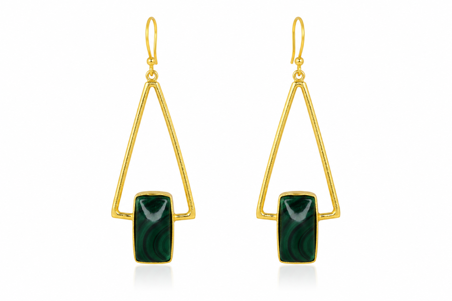 18K Gold-Plated Geometric Triangle Earrings with Dark Green Malachite Stone