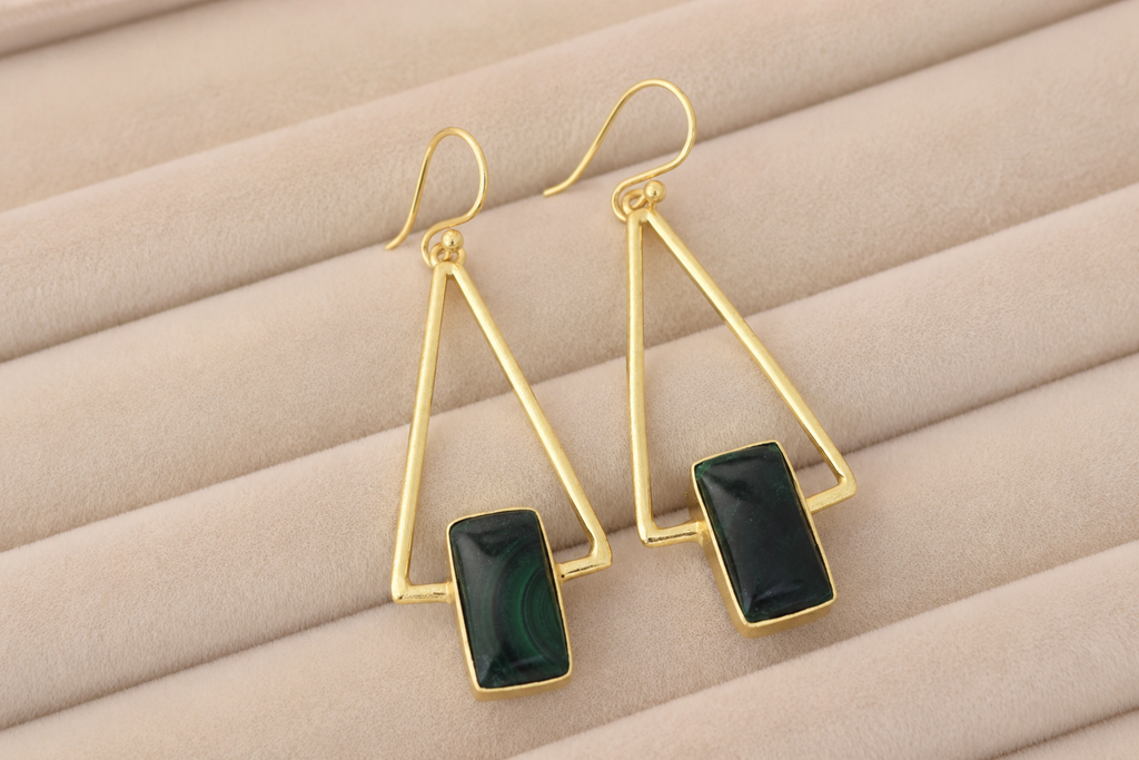 18K Gold-Plated Geometric Triangle Earrings with Dark Green Malachite Stone