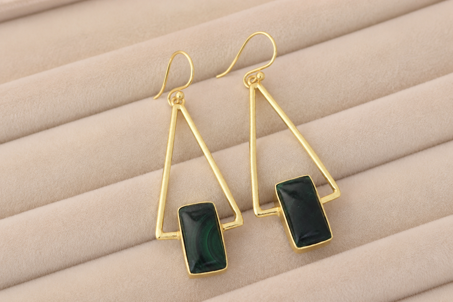 18K Gold-Plated Geometric Triangle Earrings with Dark Green Malachite Stone