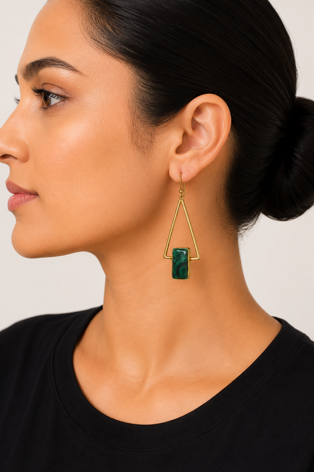 18K Gold-Plated Geometric Triangle Earrings with Dark Green Malachite Stone