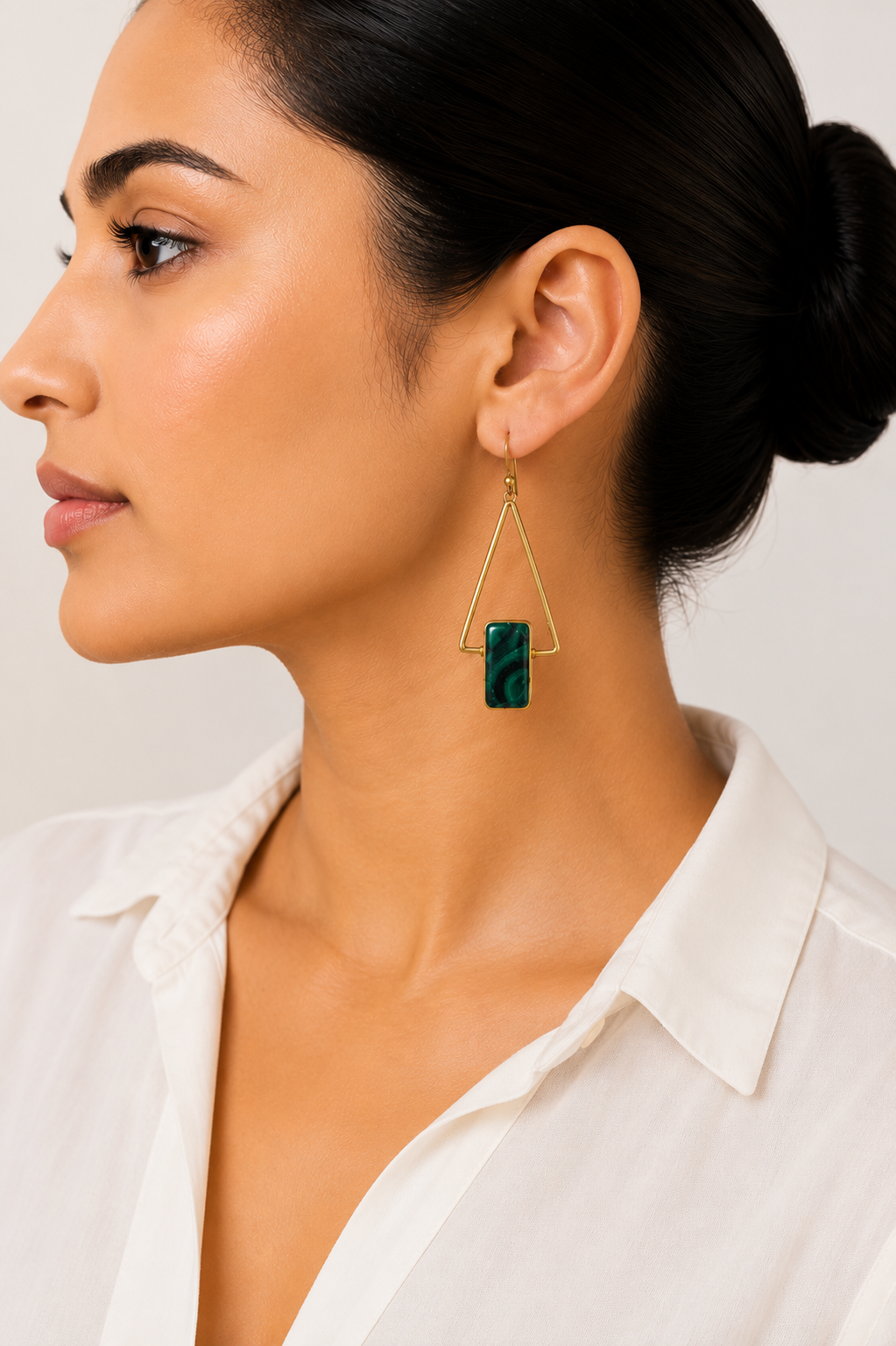 18K Gold-Plated Geometric Triangle Earrings with Dark Green Malachite Stone