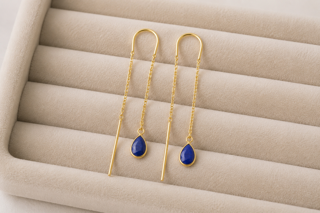 Natural  Gemstone Threader Earrings – 18K Gold Plated