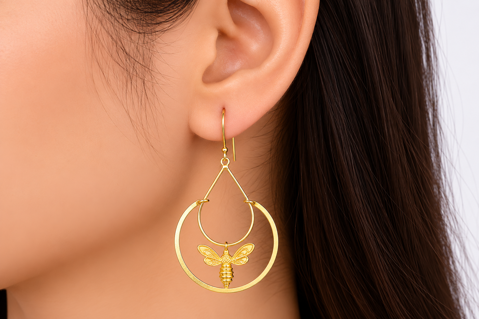 18KT Gold Plated Bee Charm Hoop Earrings