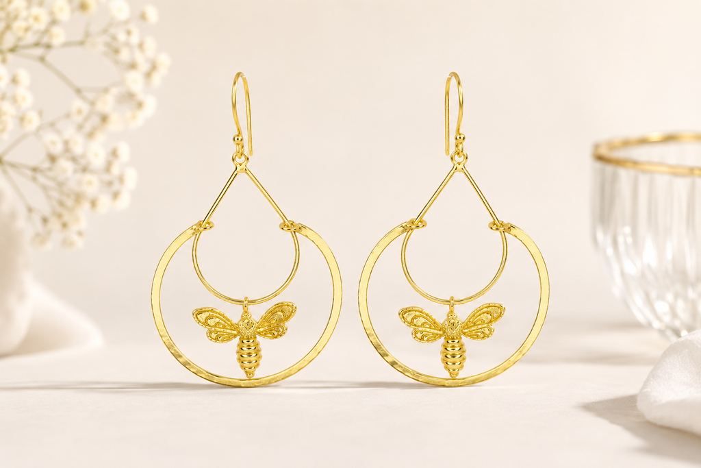 18KT Gold Plated Bee Charm Hoop Earrings