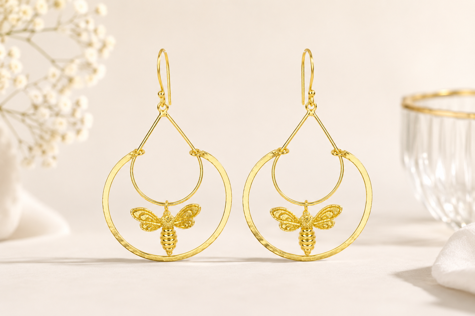 18KT Gold Plated Bee Charm Hoop Earrings