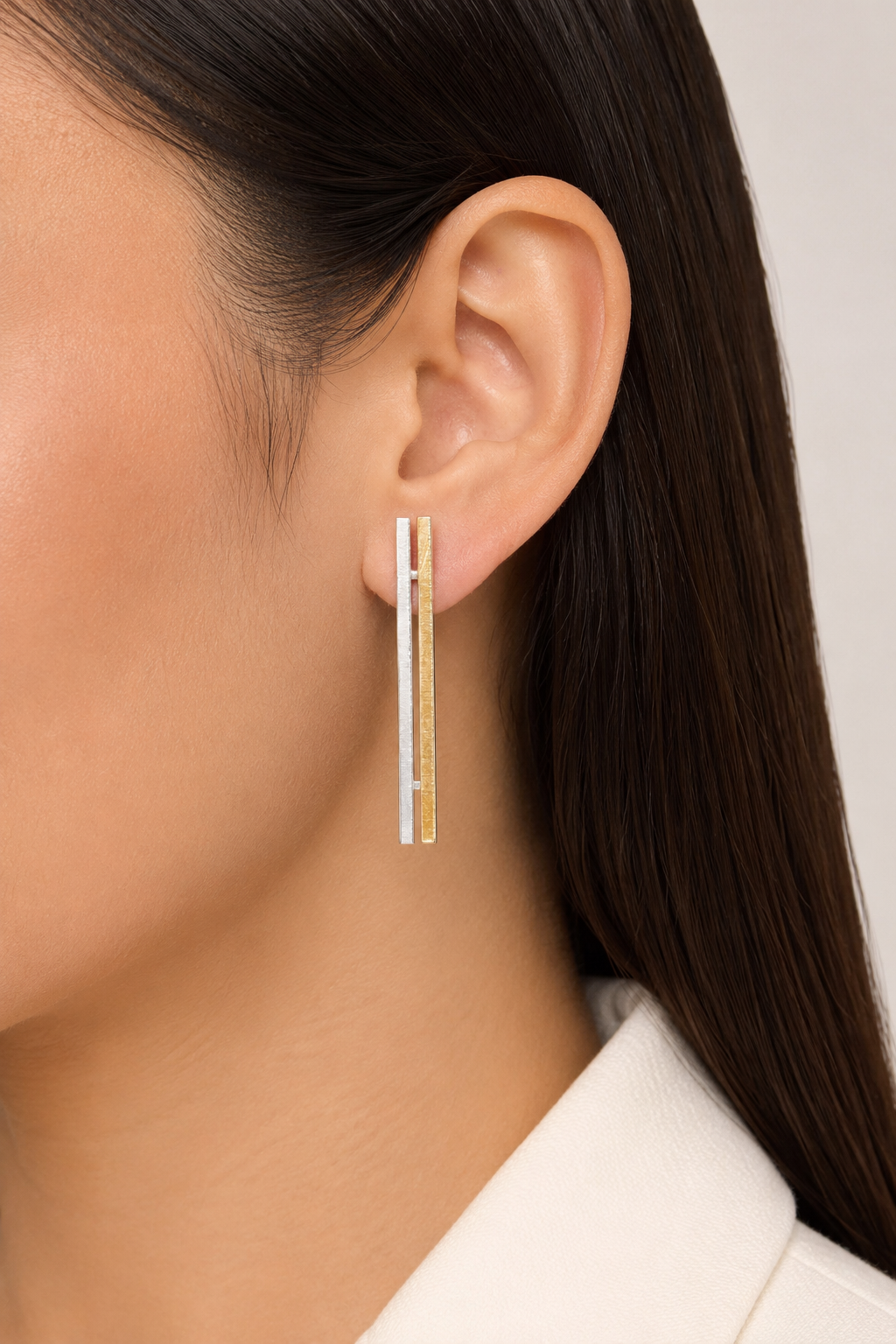 Gold & Silver Dual-Tone Minimalist Bar Drop Earrings