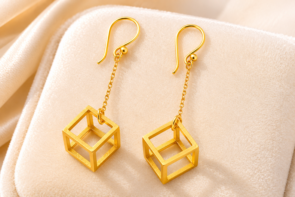 18K Gold Plated Geometric Cube Drop Earrings