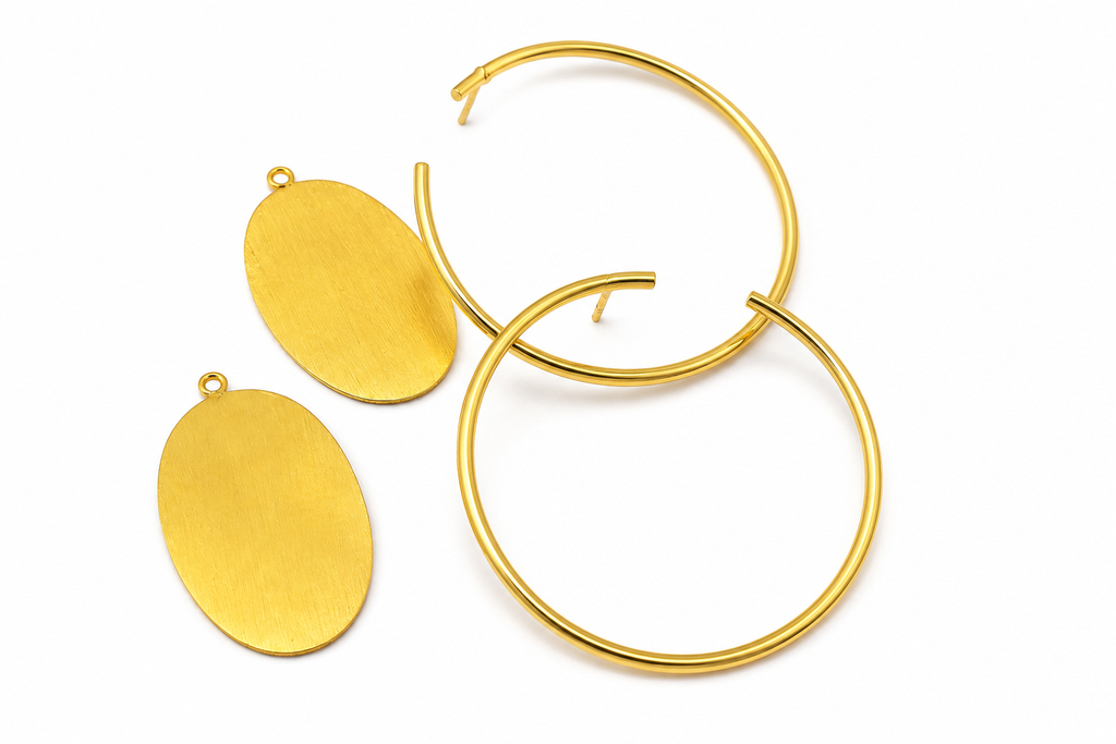 18K Gold Plated Oversized Hoop Earrings with Brushed Oval Charm