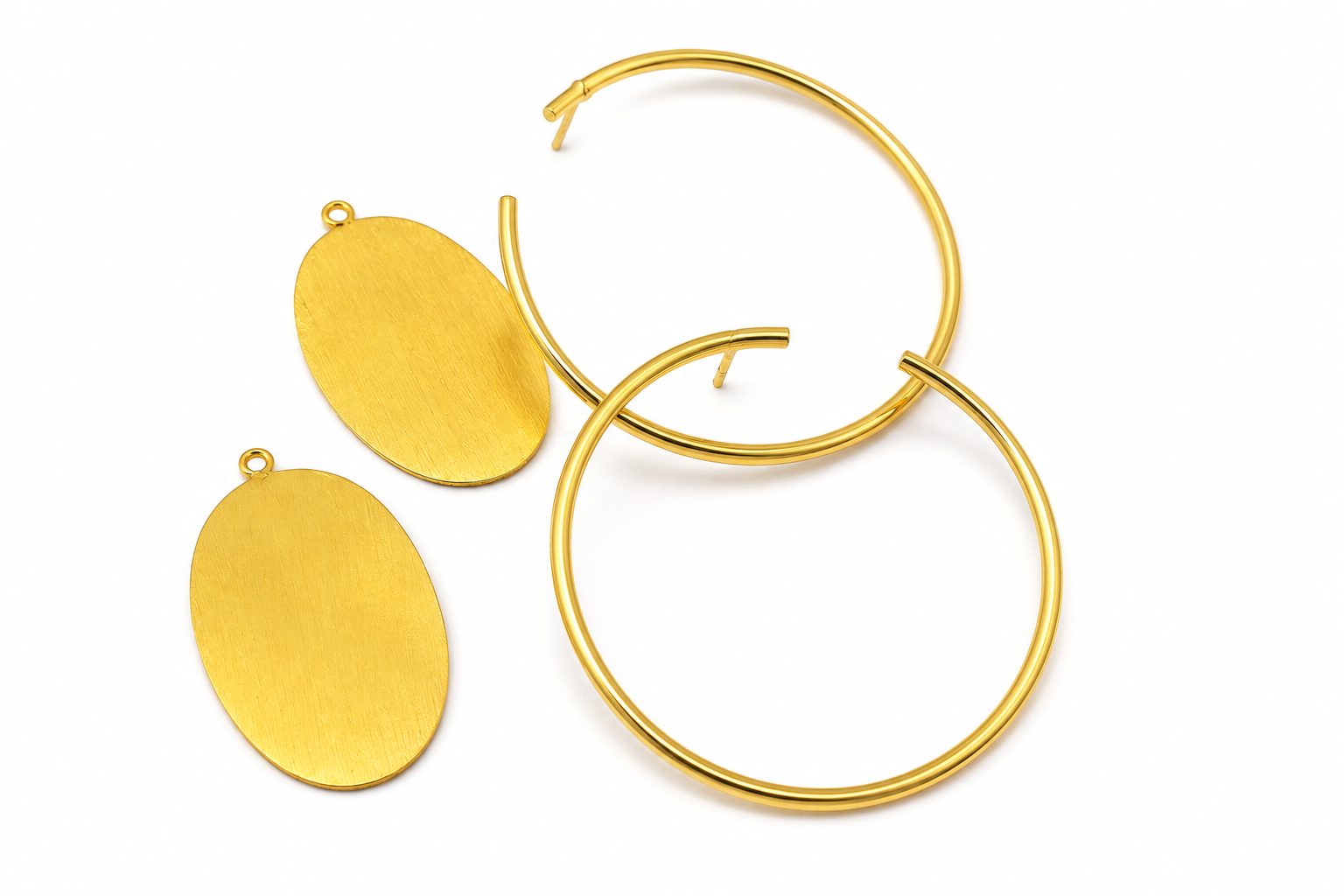 18K Gold Plated Oversized Hoop Earrings with Brushed Oval Charm