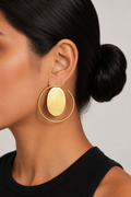 18K Gold Plated Oversized Hoop Earrings with Brushed Oval Charm