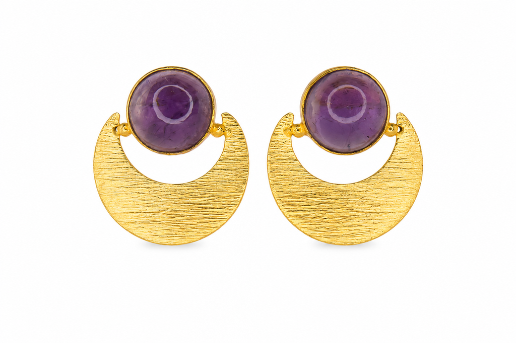 18K Gold Plated Crescent Stud Earrings with  Moonstone Accent