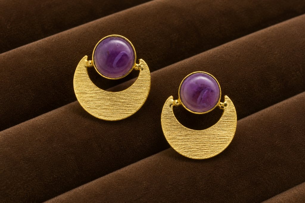 18K Gold Plated Crescent Stud Earrings with  Moonstone Accent