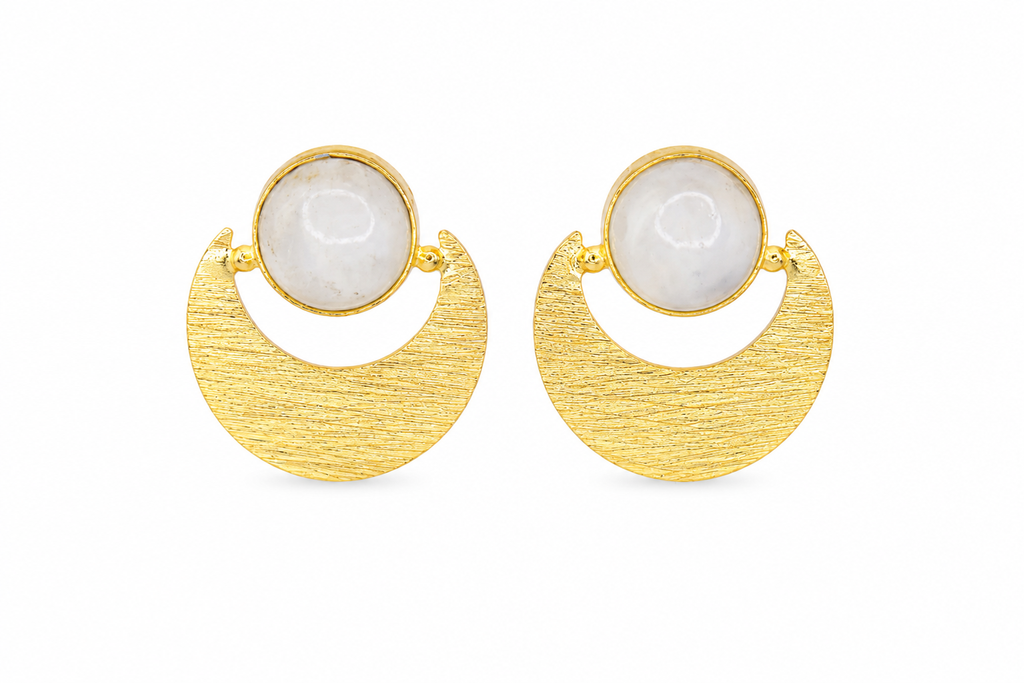 18K Gold Plated Crescent Stud Earrings with  Moonstone Accent